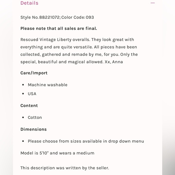 Vintage free People liberty by Anna Corrina Blue Denim Overalls Sz 34 - Picture 16 of 16